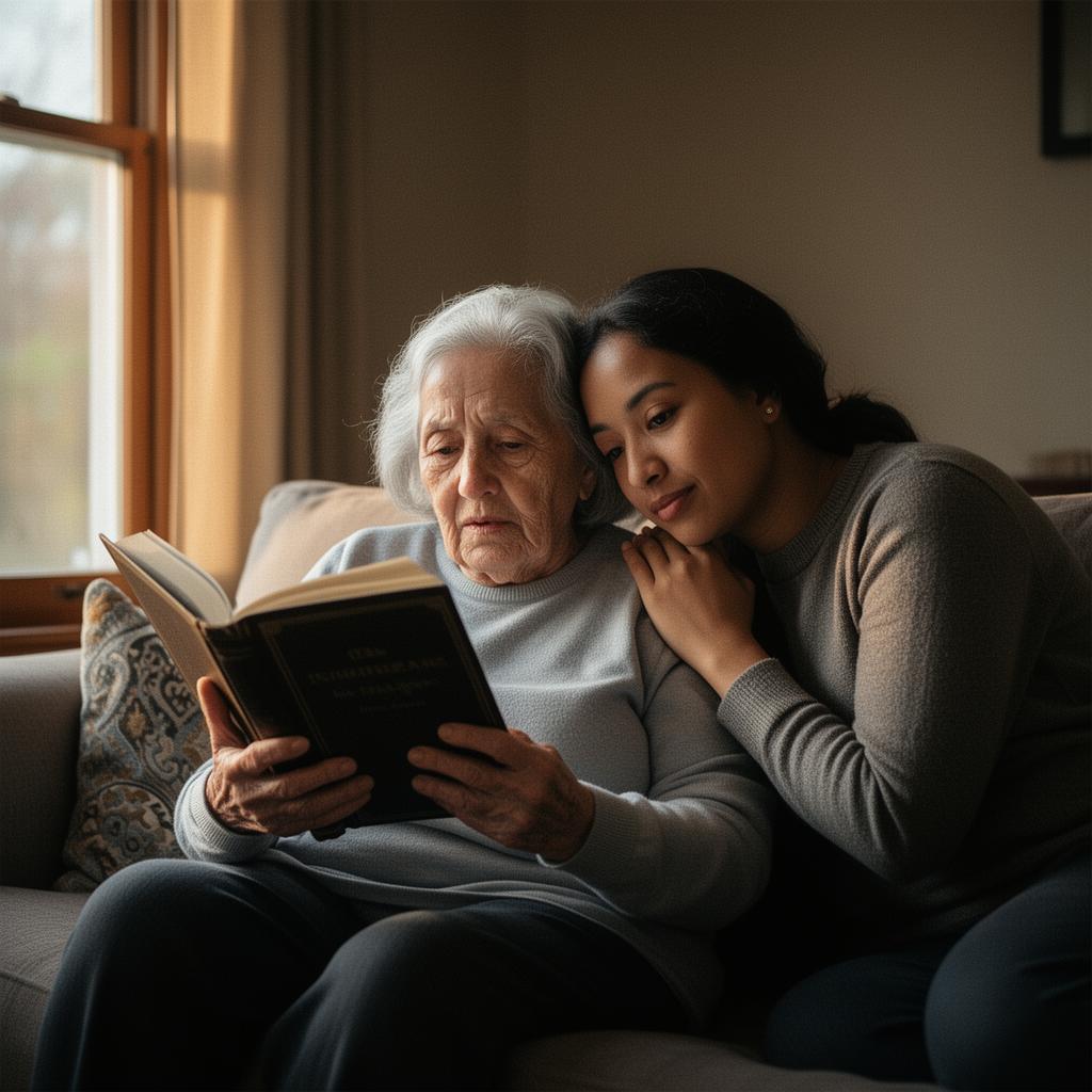 A grandmother and granddaughter reading together