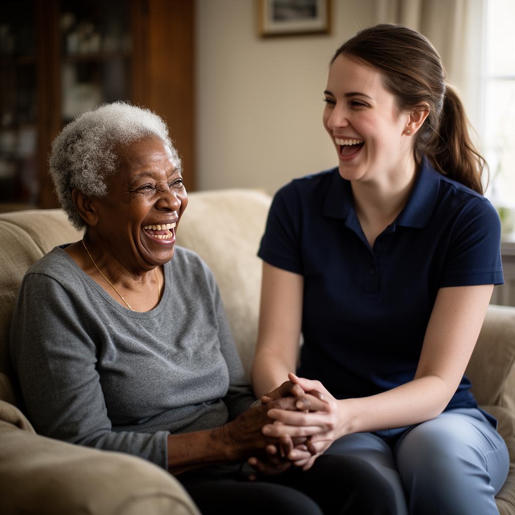 Elderly Black grandmother smiling with her white caregiver holding her hand