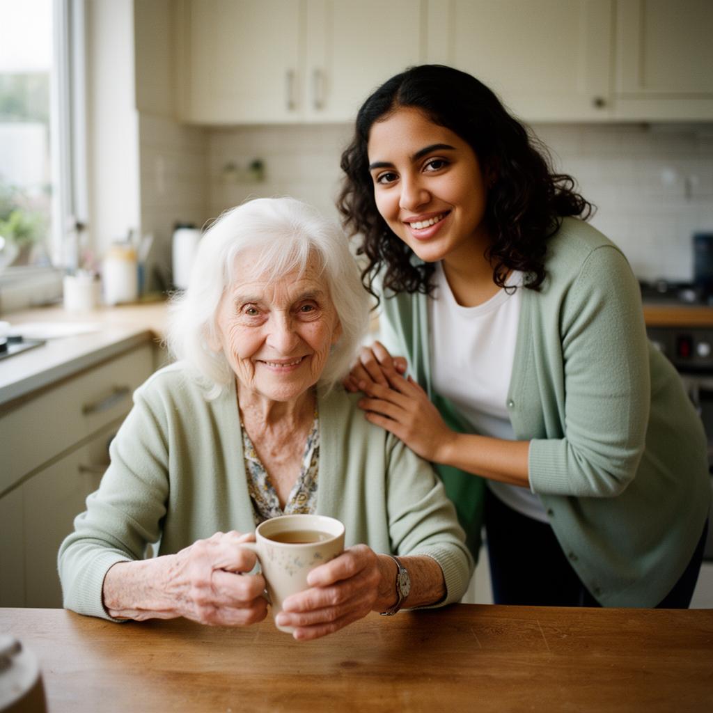 Elderly white grandmother being served tea by her Hispanic caregiver
