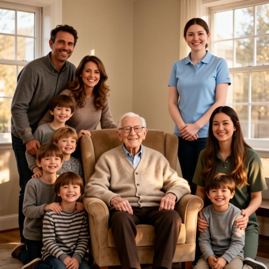 Elderly white grandfather surrounded by his loving family with a caregiver standing beside him