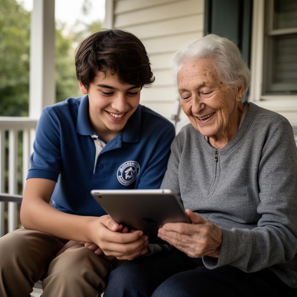 A student volunteer and an elderly man laughing together